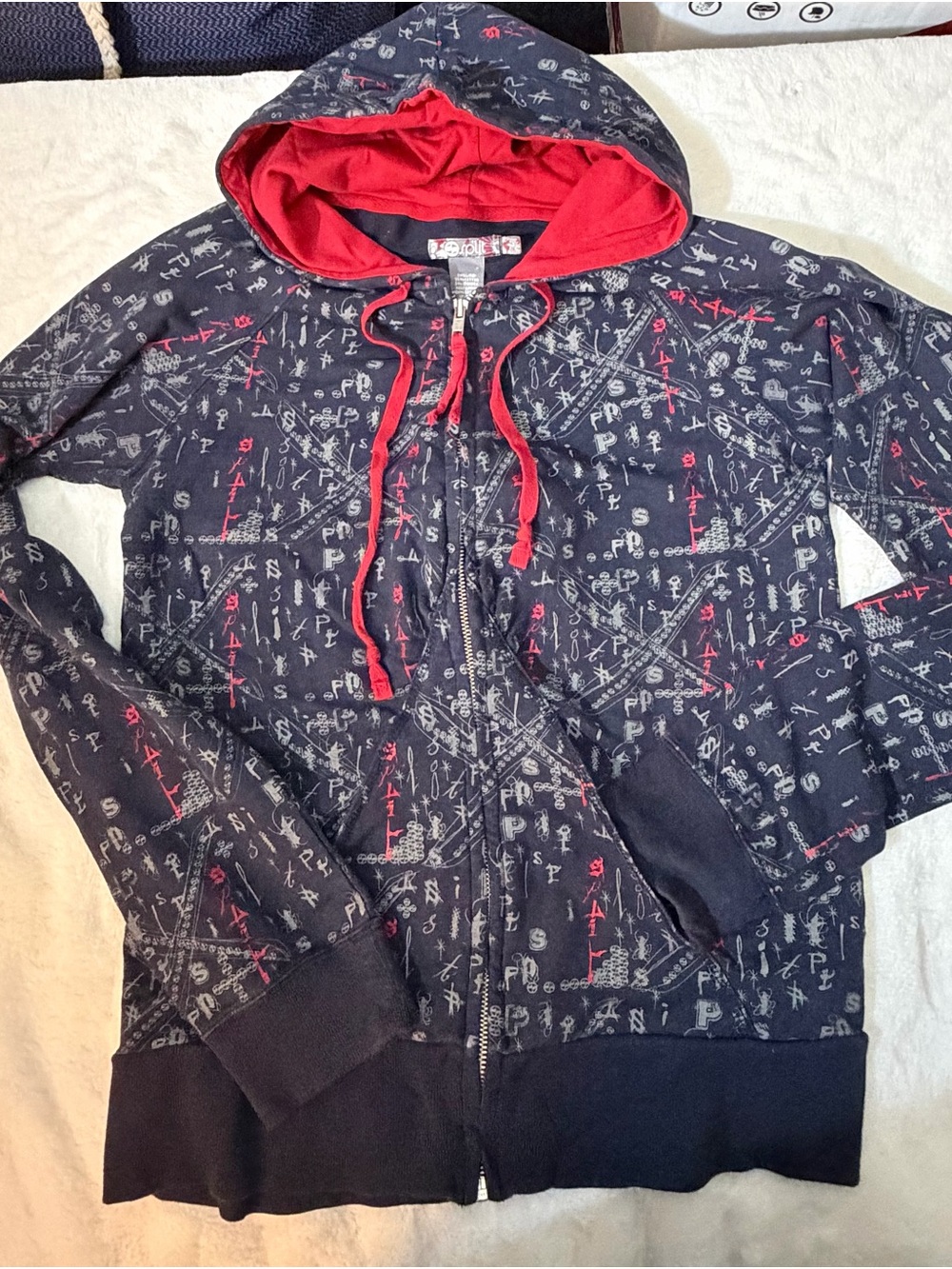 split Women's Navy Zip-Up Hoodie with Red Lining and Drawcords